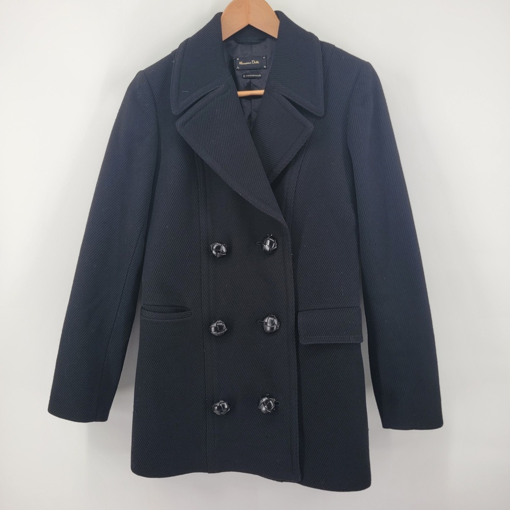 Massimo Dutti Pea Coat Womens Size 6 Black Wool Double Breasted Coat